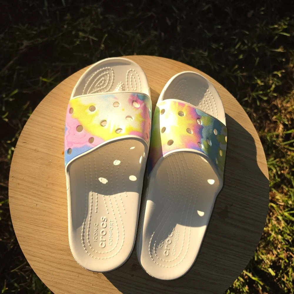 Crocs Classic Slide Tie Dye White Multi Color Sandals Mens 11 Women 13